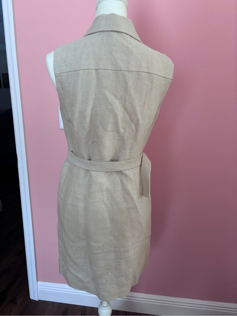 Theory Linen Blend Military Sleeveless Belted Mini Dress in Taupe - Picture 3 of 7